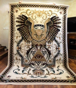 Masonic Woven Area Rug 6x9 Freemason Illuminati Ring Owl Tapestry All Seeing Eye - Picture 1 of 12