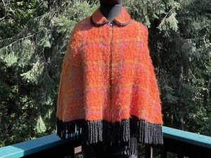 Vintage MCM orange kariert Kragen Poncho Schal Halstuch Reißverschluss Fransen Retro Mod LESEN - Bild 1 von 16