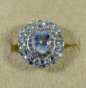 AQUAMARINE-WHITE ZIRCON-DOUBLE HALO - SIZE 7 RING-RHODIUM/STERLING SILVER - Picture 1 of 3