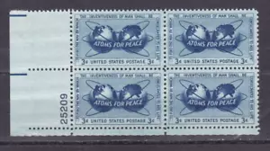 1955 US Stamp #1070 Plate Block 3c Blue Atoms for Peace Globes Unused NH - Picture 1 of 2