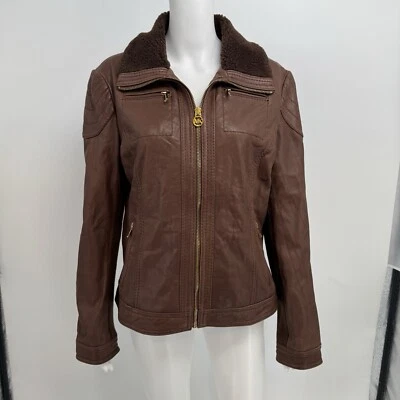 Chaqueta de moto Michael Kors de cuero genuino con cuello de piel sintética para mujer XL marrón Foto 1 de 4