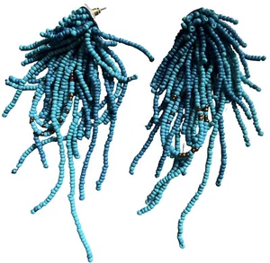 Turquoise Glass Beads Flowing Multi Strand Chandelier Earrings - Picture 1 of 4