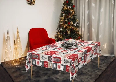 Christmas Patchwork Stag Red White PVC Vinyl Wipe Clean Tablecloth Waterproof - Image 1 of 4