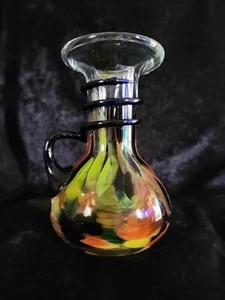 Hand Blown Art Glass Vase W/Handle colorful spots Blue handle 5" 1960's Bohemian - Picture 1 of 8