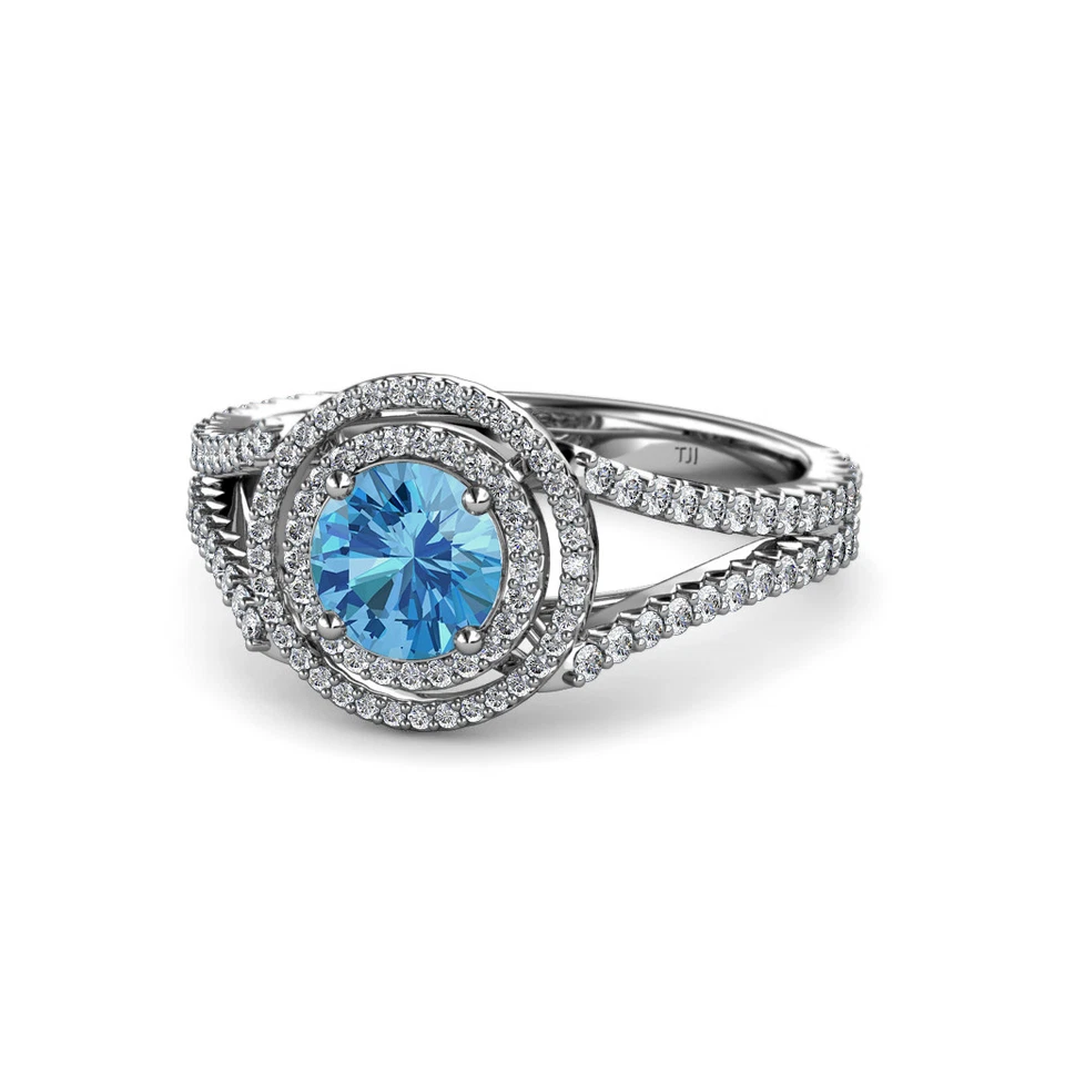 Round Blue Topaz Diamond Double Women Halo Engagement Ring 14K Gold JP:56726 - Image 1 of 1