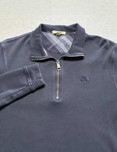 Burberry Brit Sweatshirt Med Navy Blue 1/4 Zip Sweater Logo Pima Cotton Peru - Picture 1 of 7
