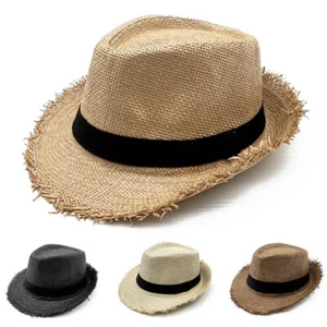 Mens Straw Trilby Sun Hat Womens Summer Panama Designer Fedora Beach Caps - Picture 1 of 13