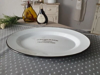 Emaille Teller flach  antik weiß mit Aufschrift Nostalgie Outdoor Essen 25 cm Ø - Bild 1 von 2