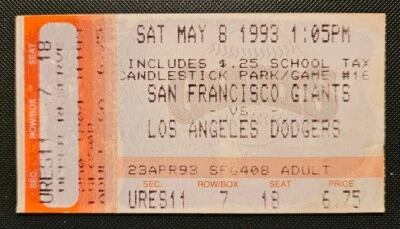 San Francisco Los Angeles Dodgers Baseball Ticket Stub 5/8 1993 Mitch Webster HR - Image 1 of 2