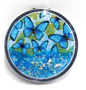 Compact Mirror With Glitter Blue Sparkling Butterflies - Picture 1 of 3
