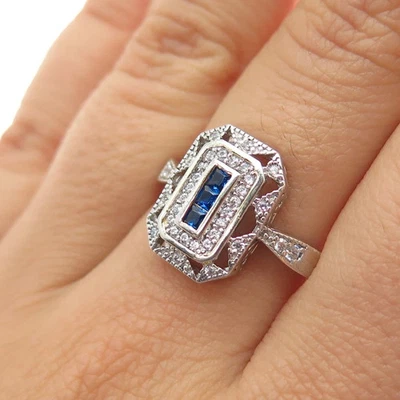 3.5Ct Art Deco Style Lab Created Diamond Sapphire Wedding 14K White Gold FN Ring - Image 1 of 4