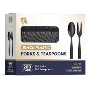 200 Count Black Plastic Silverware Heavy Duty - Black Plastic Forks And Spoon... - Picture 1 of 7