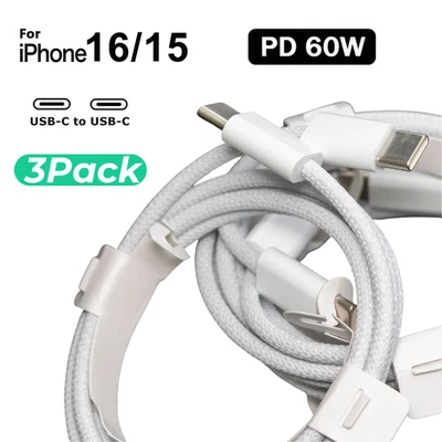 PACK de 3 cables trenzados cargador rápido USB C a USB C para iPhone 15 Pro Max 16e PD 60W Foto 1 de 4