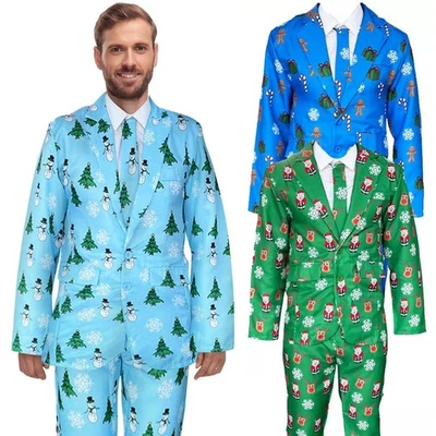 BLUE PLANET FANCY DRESS Mens 3 Piece Novelty Christmas Suit Jacket Tie Trousers Festive Costume Outfit..