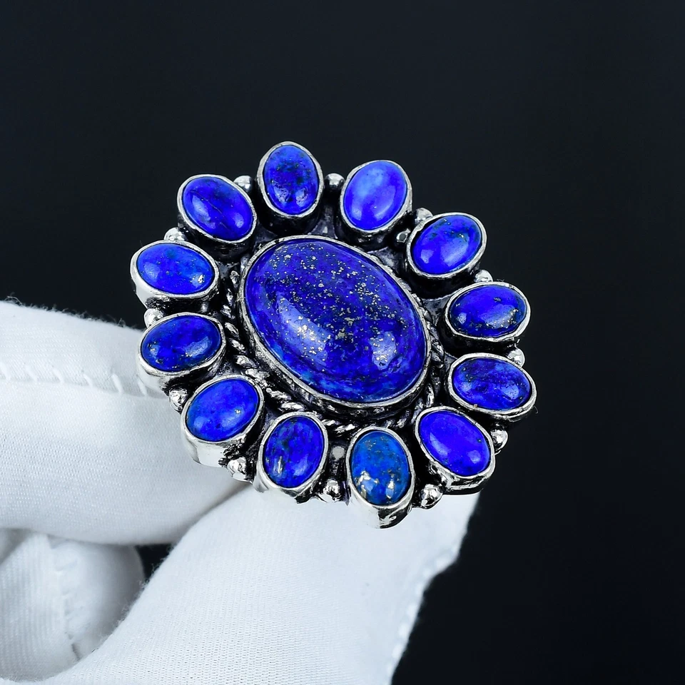 Naturale Lapislazzuli Gemma Anello a Fiore Fatto Mano 925 Argento Sterling Gioie - Immagine 1 di 4