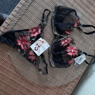Charnos Sheer Black Bra & Thong 36d Large NWT - Image 1 of 4
