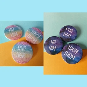 Pronoun Badges- custom Lbgtq+ trans pride perfect stocking filler 35mm handmade - Picture 1 of 8