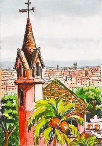 ACEO Original Art Barcelona Spanish Small Artwork 3.5 by 2.5" Cityscape Gifts - Picture 1 of 5