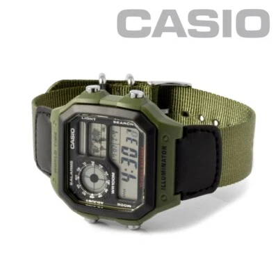 Reloj digital CASIO ROYALE AE-1200WHB-3B correa de nailon verde hora mundial 100 m WR Foto 1 de 4