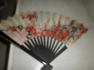 Vintage Japanese Plastic & Paper folding accordain fan. red blossoms 13x8" euc - Picture 1 of 2