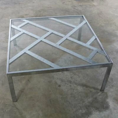 Hollywood Regency Chrome Square Glass Top Coffee Table After Milo Baughman - Image 1 of 4