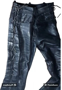 ECHTES LEDER Vintage Biker schwarz Leder Herren Motorrad Schnürhose W 30" - Bild 1 von 22