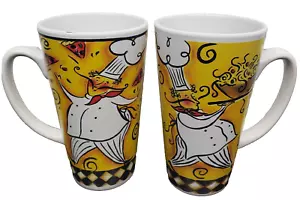 Set di 2 tazze da caffè/tè in ceramica, 18 oz, GRASSI CHEF CON PIZAA E PASTA SU GIALLO - Foto 1 di 13
