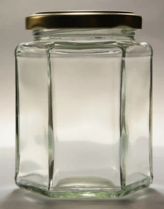 BARATTOLO ESAGONALE IN VETRO E ORO 12 OZ, BOTTONE POP-UP O COPERCHI A NIDO D'APE - QTY 90 - Foto 1 di 8