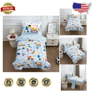 Soft Microfiber 4-Piece Toddler Bedding Set with Vehicle Pattern - Easy Care - Picture 1 of 10