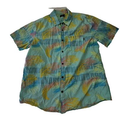 Hurley 夏威夷衬衫男式 XL 棕榈叶蓝色短袖着色 — 第 1/4 张图片