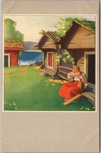 Vintage 1910s Artist-Signed Postcard Woman Crying on House /Cabin Steps / UNUSED - Picture 1 of 2