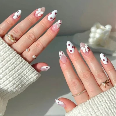 Short Almond Press On Nail False Nail With 3D Bows and Strawberry Pattern 24Pcs - Image 1 of 4