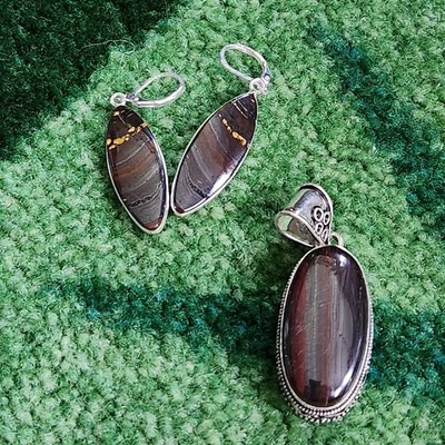 Juego de colgantes y pendientes de ojo de tigre de hierro de plata de ley hechos a mano joyería madera Foto 1 de 4