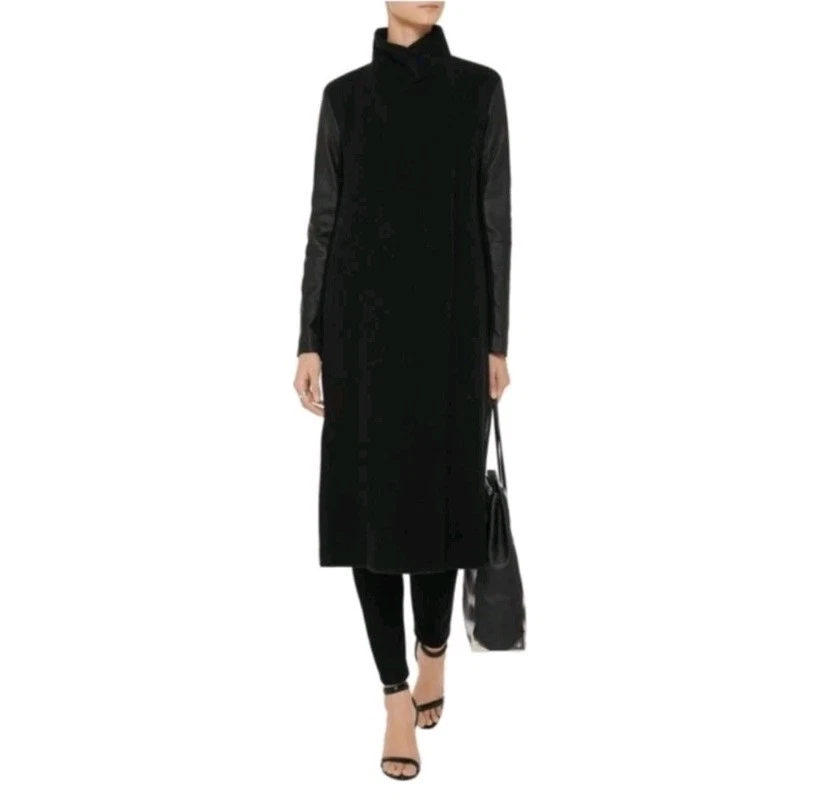Theory "Tinn" Long Coat Women XS Goat Leather Wool Cashmere Bib Lapel Asymmetric - Image 1 of 4