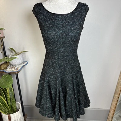 Maggy London Womens 4 ~ Black Teal Lace Overlay Fit Flare Dress Sparkle Metallic - image 1 of 4