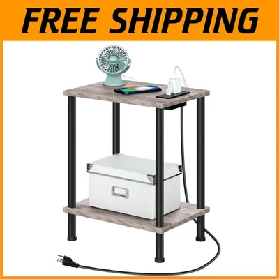 Greige and Black End Table with USB Charging & 2-Layer Storage for Small Spaces - Image 1 of 4