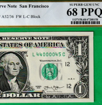 $1  FEDERAL RESERVE NOTE FANCY  Serial Numbers  44000045  PCGS 68 PPQ - Image 1 of 3