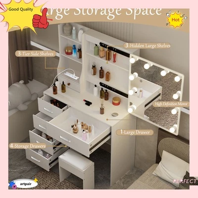 10 LEDBulbs Mirror Vanity Dressing Desk, Makeup Dresser Table +USB Charging Port - Image 1 of 4