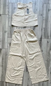 Zeagoo Womens 2 Piece Cotton Linen Tank and Elastic Pant Set Beige Resort Wear S - Picture 1 of 12