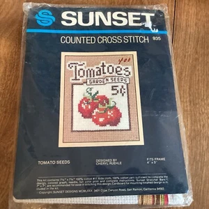 Vtg Sunset Counted Cross Stitch Tomato Seeds 4 X 5 1980 NIP - Picture 1 of 2