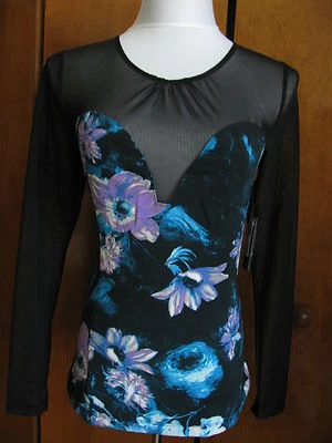 Guess 女式黑色长袖网纱晚礼服甜心上衣,尺寸 M,全新带标签 — 第 1/4 张图片