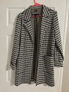 Women Long Blazer Houndstooth Pattern Fabric Medium Black And Brown Office Work - Picture 1 of 10