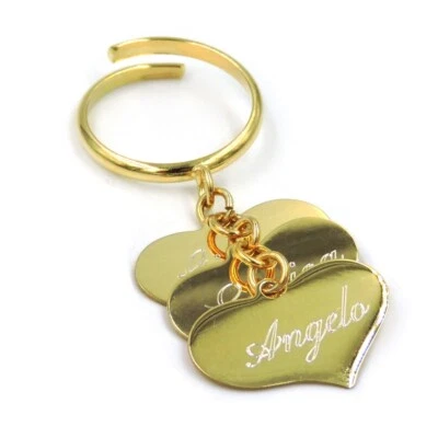 Anello 3 Ciondoli Cuore in Argento 925 Placcato Oro, Incisione Inclusa - Immagine 1 di 3