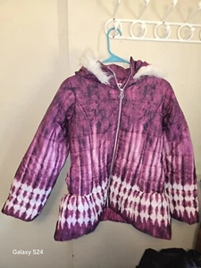 Amy Byer  Puffer Jacket Girls Size Large Purple Fur Trimmed Hood Winter Tie Dye  - Picture 1 of 7