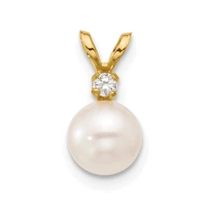 14k Yellow Gold 6-7mm Round White Saltwater Akoya Cultured Pearl Diamond Pendant - Picture 1 of 4