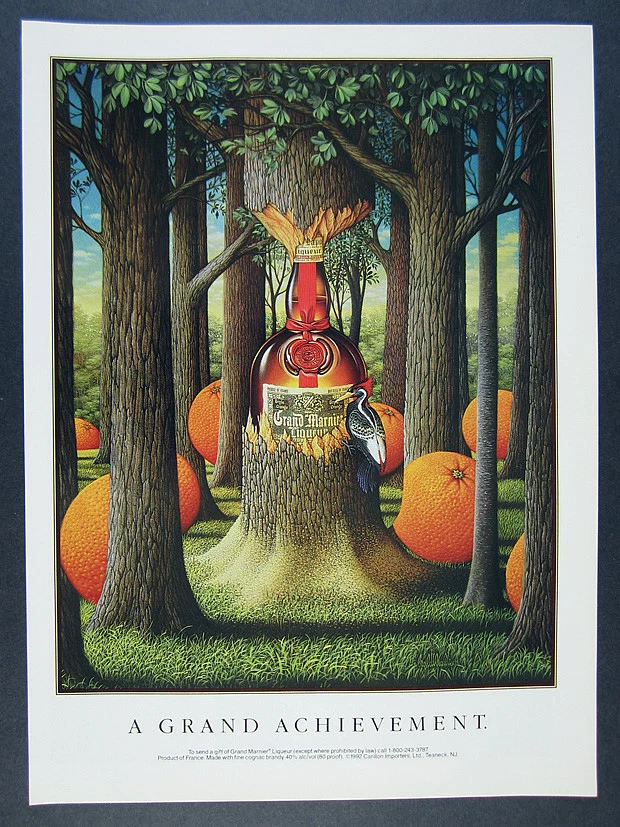 Pájaro carpintero árboles botella naranjas arte Grand Marnier vintage impresión anuncio Foto 1 de 1