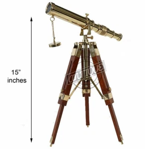 Telescopio con treppiede in legno vintage antico regalo decorativo nautico ottone massiccio - Foto 1 di 5