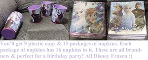 Party Supply Lot 9 Plastic Cups 15 Packages Napkins Disney Frozen Elsa Anna New - Picture 1 of 7