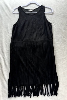 Black Fringe Dress Size Medium Flapper Witchy Whimsigoth Western Sueded Feel - Image 1 of 4