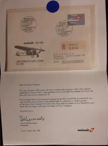 (SWI-208) SUIZA 1981 50 AÑOS SWISSAIR con carta firmada del Presidente - Imagen 1 de 3